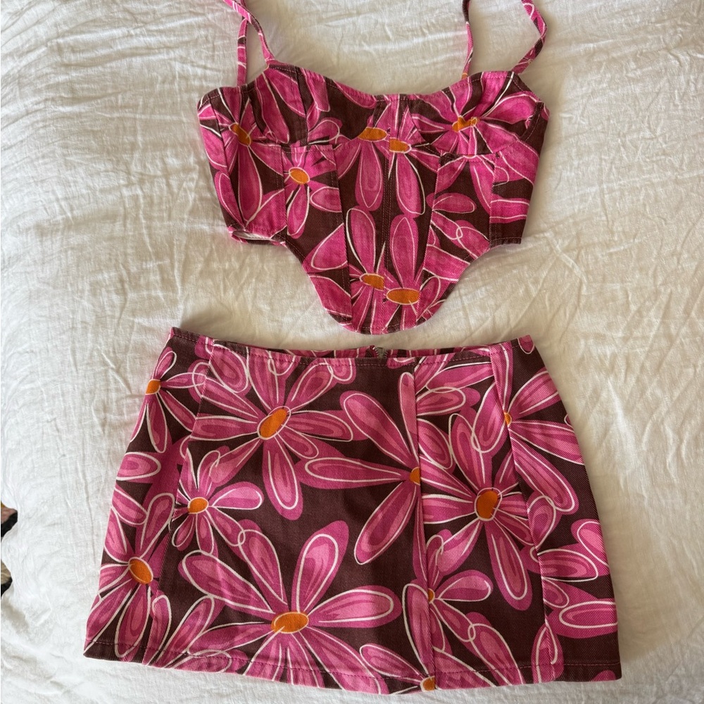 Pink and Brown Floral Two-Piece Set